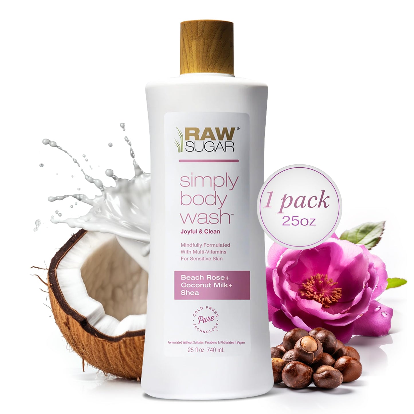 RAW SUGAR Simply Body Wash - Pineapple + Maqui Berry + Coconut, Moisturizing & Brightening Bath & Shower Gel, Sulfate-Free, Paraben-Free & Vegan (Pack of 3)