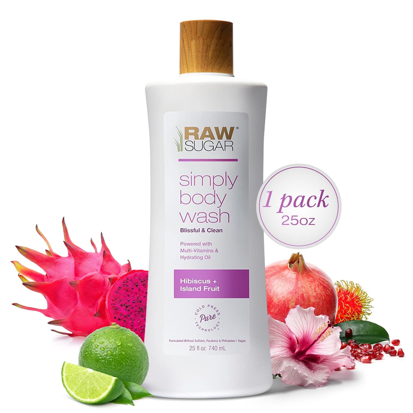 RAW SUGAR Simply Body Wash - Pineapple + Maqui Berry + Coconut, Moisturizing & Brightening Bath & Shower Gel, Sulfate-Free, Paraben-Free & Vegan (Pack of 3)