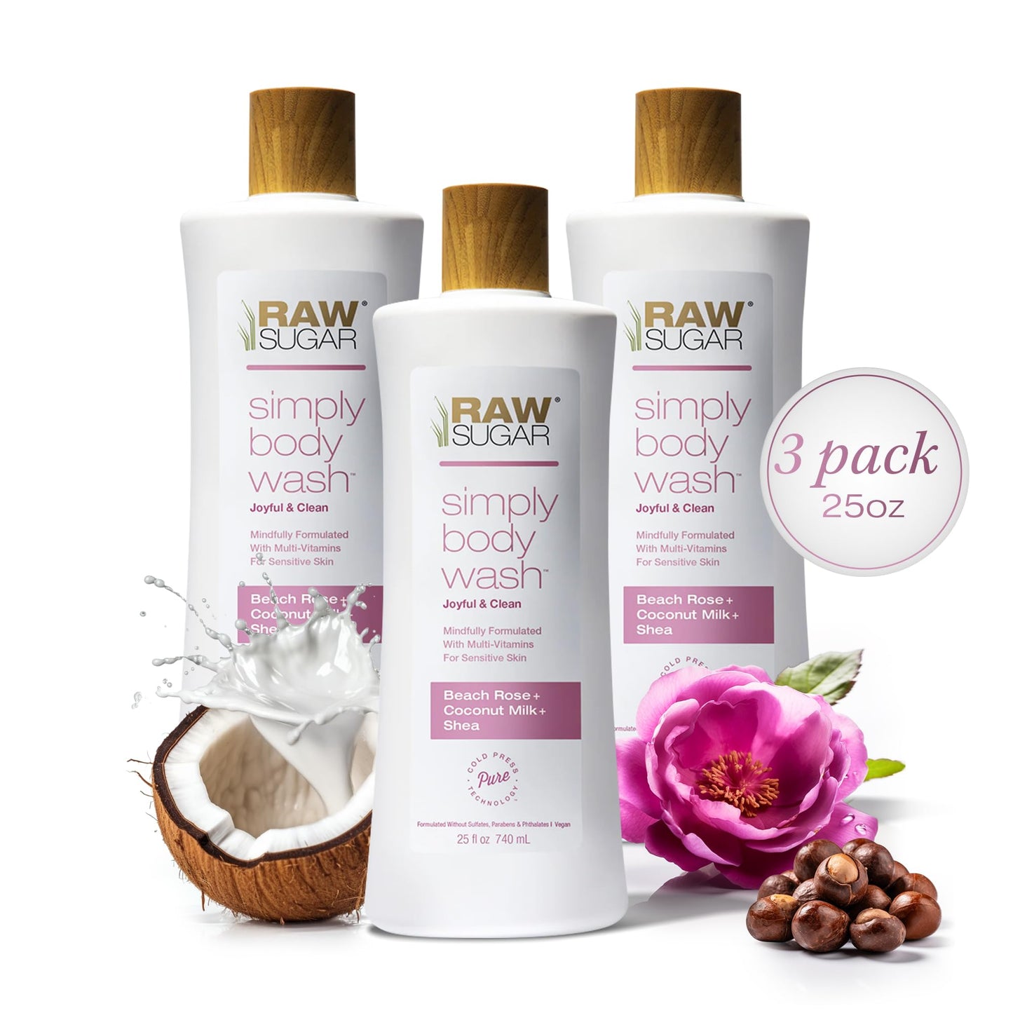 RAW SUGAR Simply Body Wash - Pineapple + Maqui Berry + Coconut, Moisturizing & Brightening Bath & Shower Gel, Sulfate-Free, Paraben-Free & Vegan (Pack of 3)