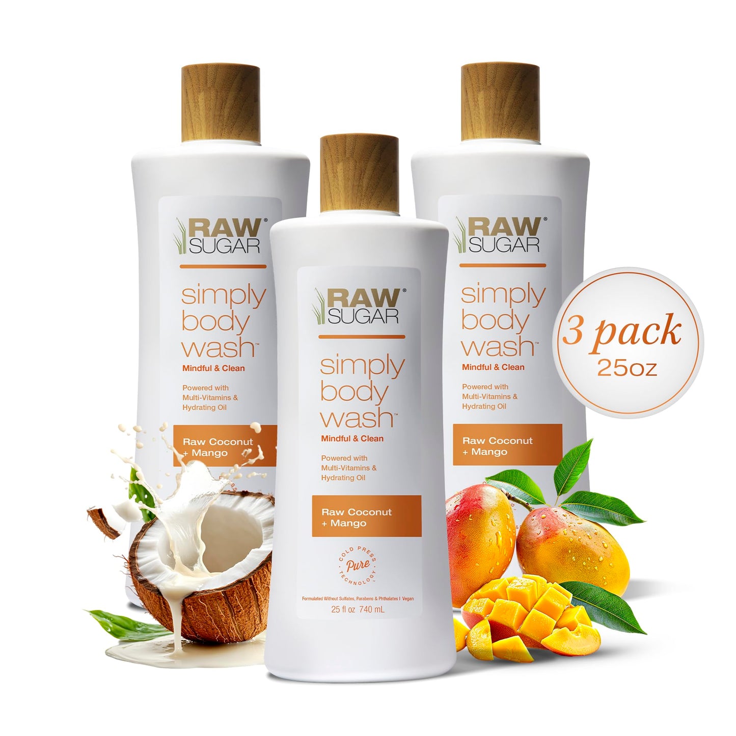 RAW SUGAR Simply Body Wash - Pineapple + Maqui Berry + Coconut, Moisturizing & Brightening Bath & Shower Gel, Sulfate-Free, Paraben-Free & Vegan (Pack of 3)