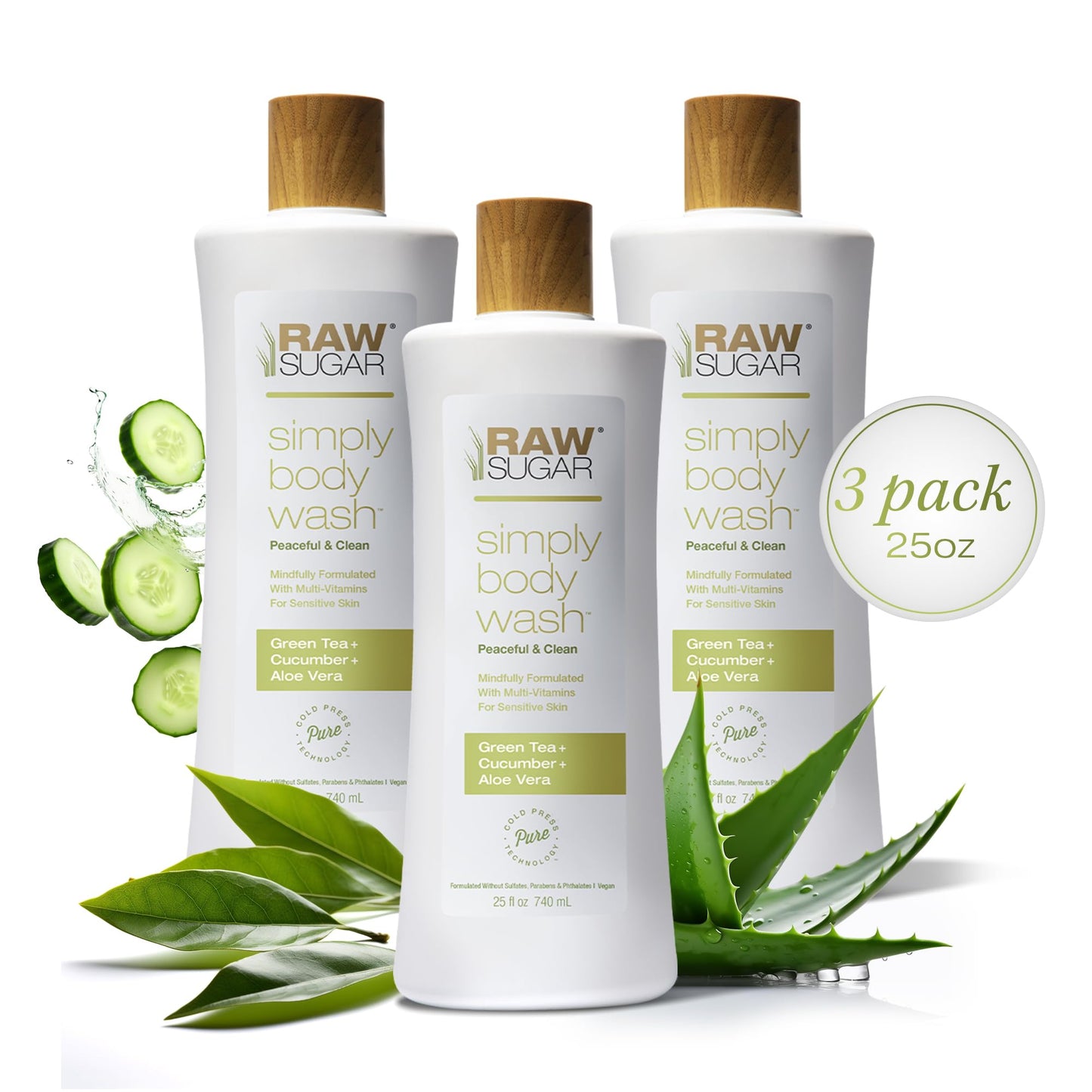 RAW SUGAR Simply Body Wash - Pineapple + Maqui Berry + Coconut, Moisturizing & Brightening Bath & Shower Gel, Sulfate-Free, Paraben-Free & Vegan (Pack of 3)