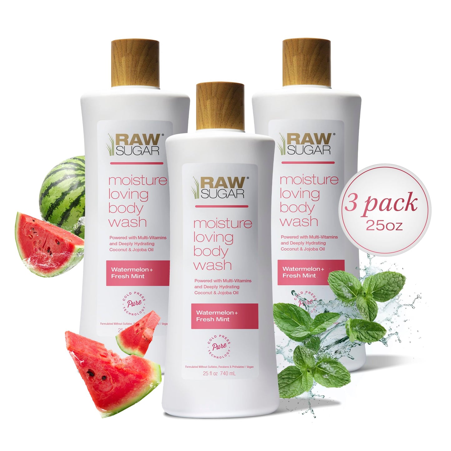 RAW SUGAR Simply Body Wash - Pineapple + Maqui Berry + Coconut, Moisturizing & Brightening Bath & Shower Gel, Sulfate-Free, Paraben-Free & Vegan (Pack of 3)