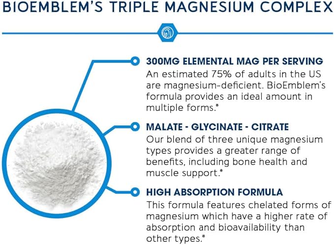 BioEmblem Triple Magnesium Complex | 300mg of Magnesium Glycinate, Malate, & Citrate for Muscles, Nerves, & Energy | High Absorption | Vegan, Non-GMO | 90 Capsules