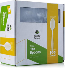 Comfy Package, [300 Pack] Heavyweight Disposable Clear Plastic Tea Spoons - Engraved Design