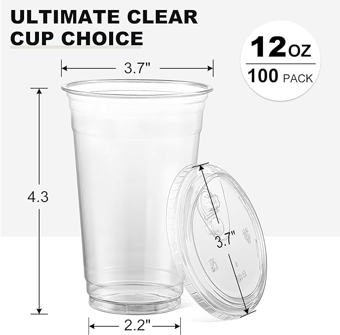 AOZITA [100 Sets, 12 oz Crystal Clear Plastic Cups With Strawless Sip Lids, Disposable Cups With Sip Lids for Iced Coffee, Smoothie, Milkshake, Cold Drinks