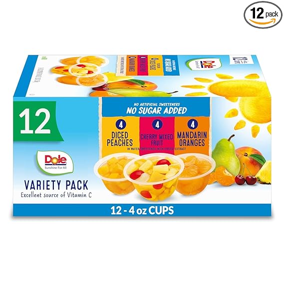 Dole Fruit Bowls No Sugar Added Variety Pack Snacks, Peaches, Mandarin Oranges & Cherry Mixed Fruit, 4oz 12 Cups, Gluten & Dairy Free, Bulk Lunch Snacks for Kids & Adults