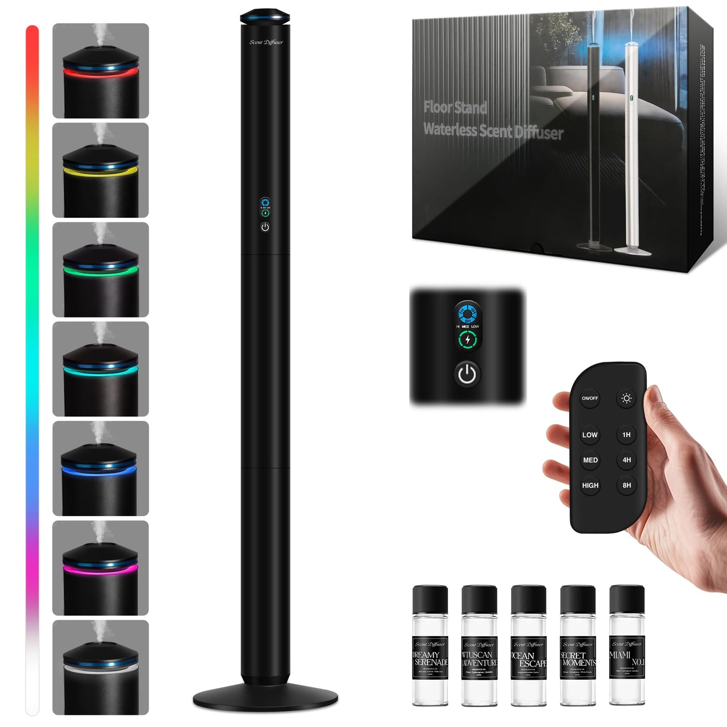 Waterless Scent Diffuser Starter Kit - 800 Sq Ft Coverage, Hotel Scent Diffuser, Essential Oil Diffuser Large Room, Included 5 Scent Oils, Remote Control, Black, 11.20In