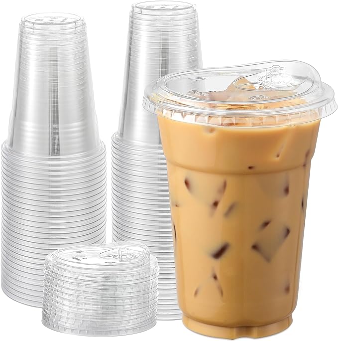 AOZITA [100 Sets, 12 oz Crystal Clear Plastic Cups With Strawless Sip Lids, Disposable Cups With Sip Lids for Iced Coffee, Smoothie, Milkshake, Cold Drinks