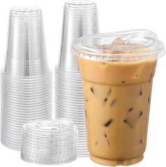 AOZITA [100 Sets, 12 oz Crystal Clear Plastic Cups With Strawless Sip Lids, Disposable Cups With Sip Lids for Iced Coffee, Smoothie, Milkshake, Cold Drinks