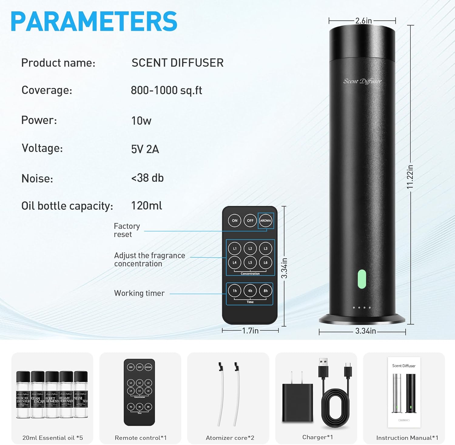 Waterless Scent Diffuser Starter Kit - 800 Sq Ft Coverage, Hotel Scent Diffuser, Essential Oil Diffuser Large Room, Included 5 Scent Oils, Remote Control, Black, 11.20In
