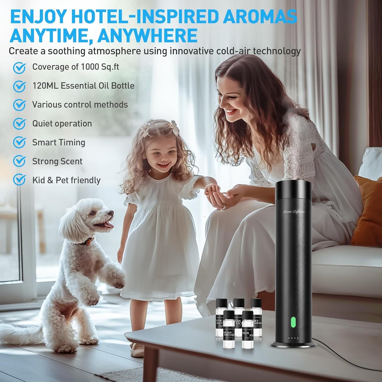 Waterless Scent Diffuser Starter Kit - 800 Sq Ft Coverage, Hotel Scent Diffuser, Essential Oil Diffuser Large Room, Included 5 Scent Oils, Remote Control, Black, 11.20In