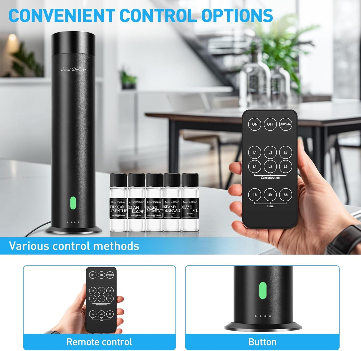 Waterless Scent Diffuser Starter Kit - 800 Sq Ft Coverage, Hotel Scent Diffuser, Essential Oil Diffuser Large Room, Included 5 Scent Oils, Remote Control, Black, 11.20In