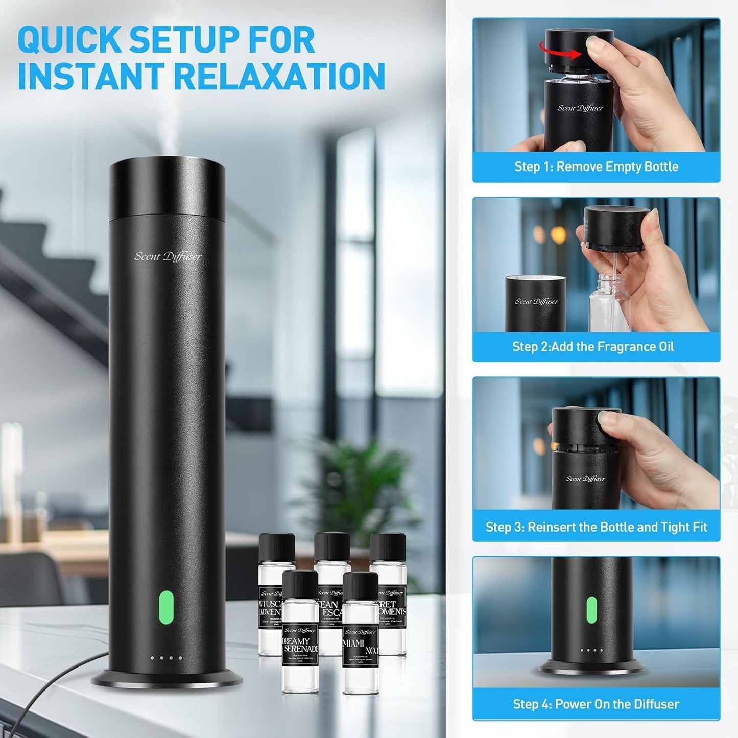 Waterless Scent Diffuser Starter Kit - 800 Sq Ft Coverage, Hotel Scent Diffuser, Essential Oil Diffuser Large Room, Included 5 Scent Oils, Remote Control, Black, 11.20In