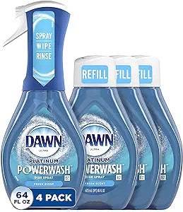 Dawn Platinum Powerwash Dish Spray, Dish Soap, Fresh Scent Bundle, 1 Spray (16oz) + 3 Refills (16oz each)(Pack of 4)